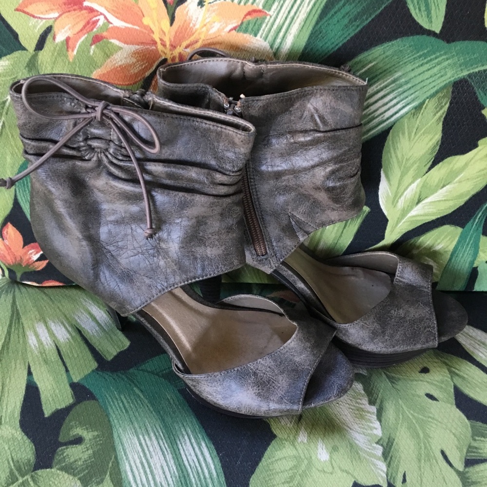 Qupid Brown Distressed Ankle Strap Bootie Peep Toe Heels